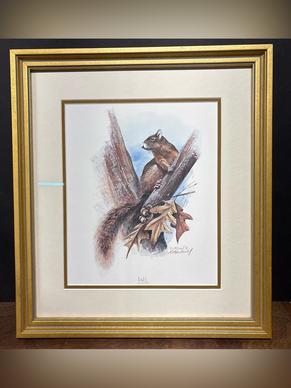 1976 Framed Fall Squirrel Art Print Signed - Brown & Cream